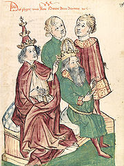 Historisierende Darstellung (um 1450): Papst Gregor V. (links) salbt Otto III. (vor ihm)