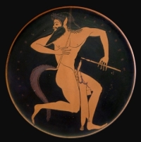 Satyr mit Aulos. Epiktetos, 520–500 v. Chr.