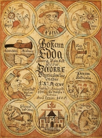 Eine isländischen Abschrift der Snorra-Edda aus dem Jahr 1666 - hier das Deckblatt