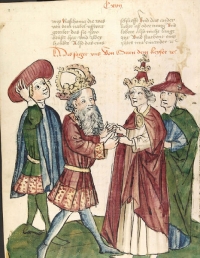 Zeichnung von 1450: Begegnung von Kaiser Otto d. I. mit Papst Johannes XII.